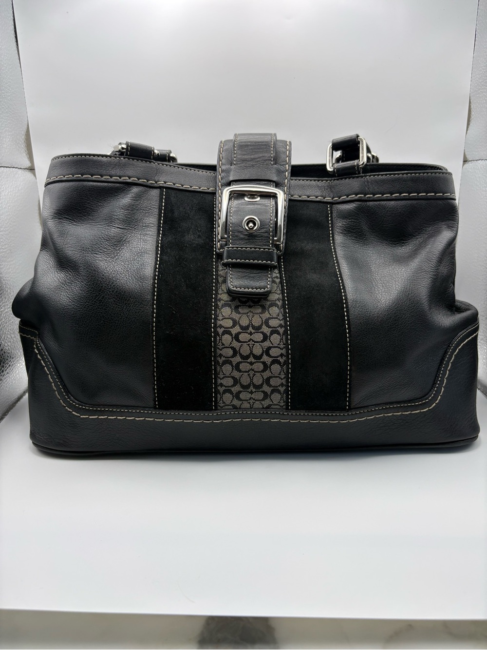 Coach Hampton Black Leather Shoulder Bag with Signature Vintage Monogram Stripe